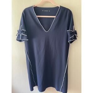 Zara Basic Navy Short Sleeve Mini Dress with Bow Accents Size S